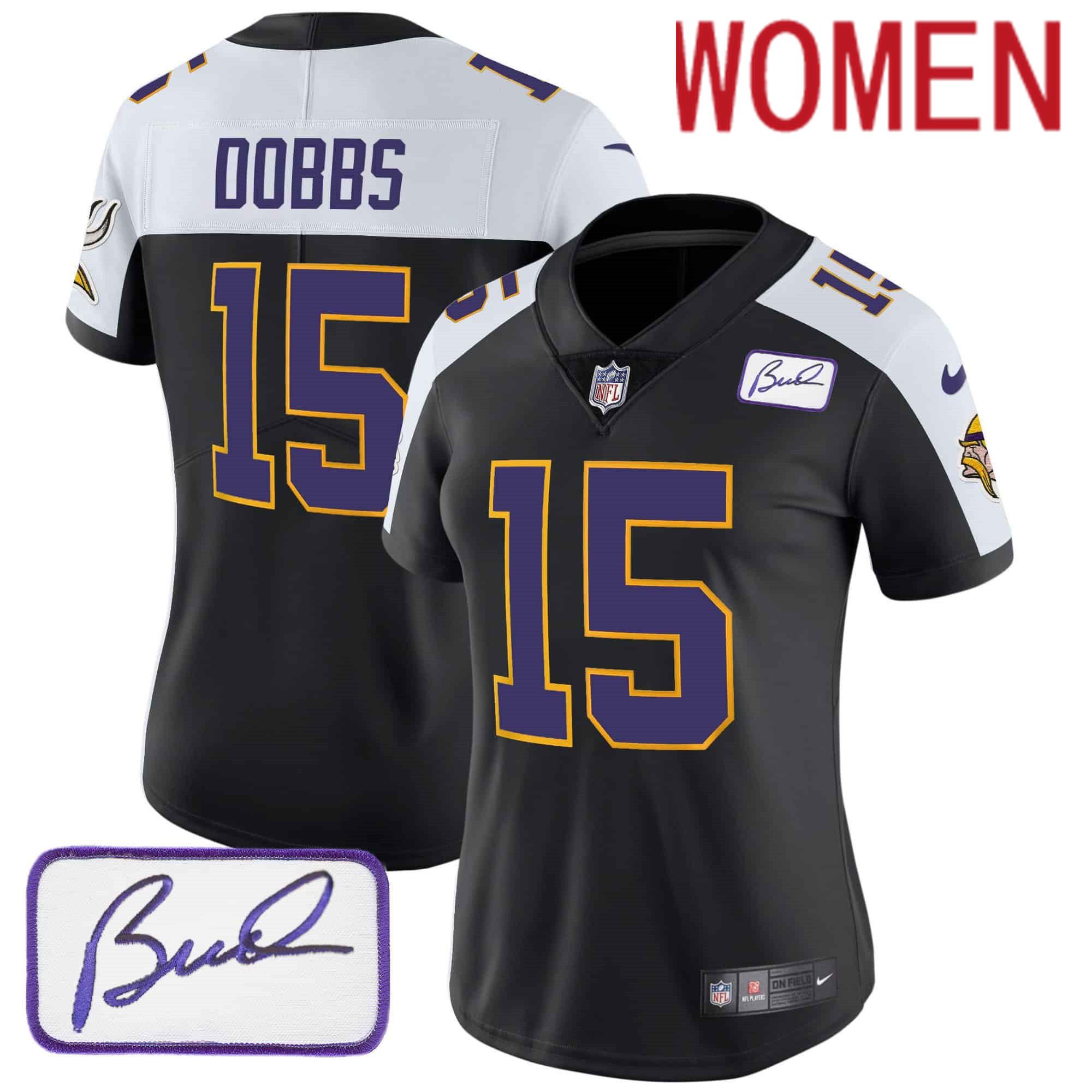 Women Minnesota Vikings #15 Dobbs Black 2024 Nike Patch Classic Limited NFL Jersey